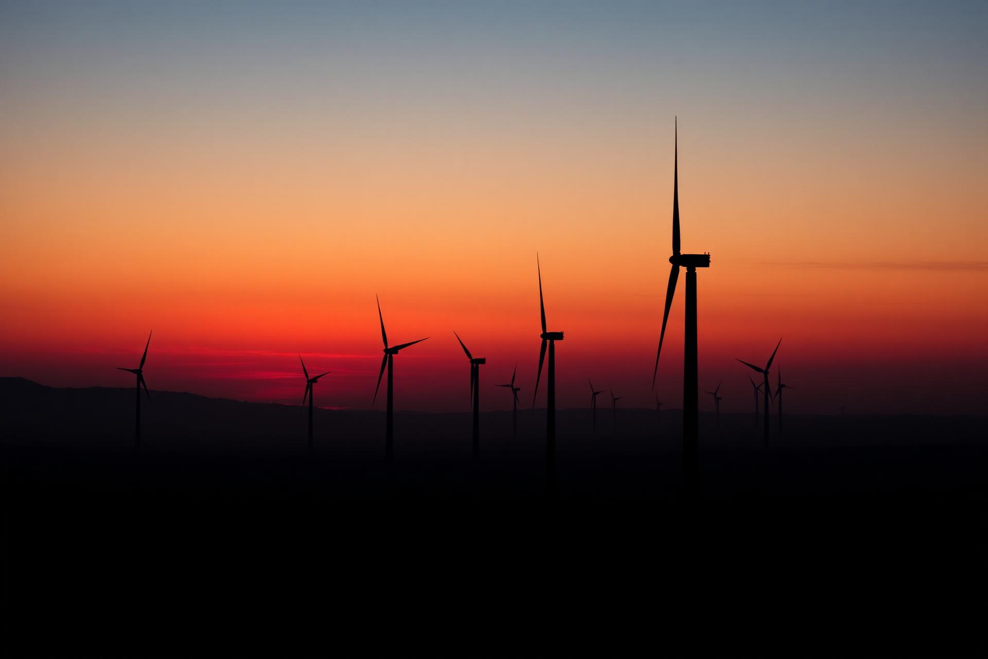 Wind turbines silhouetted against a sunset sky